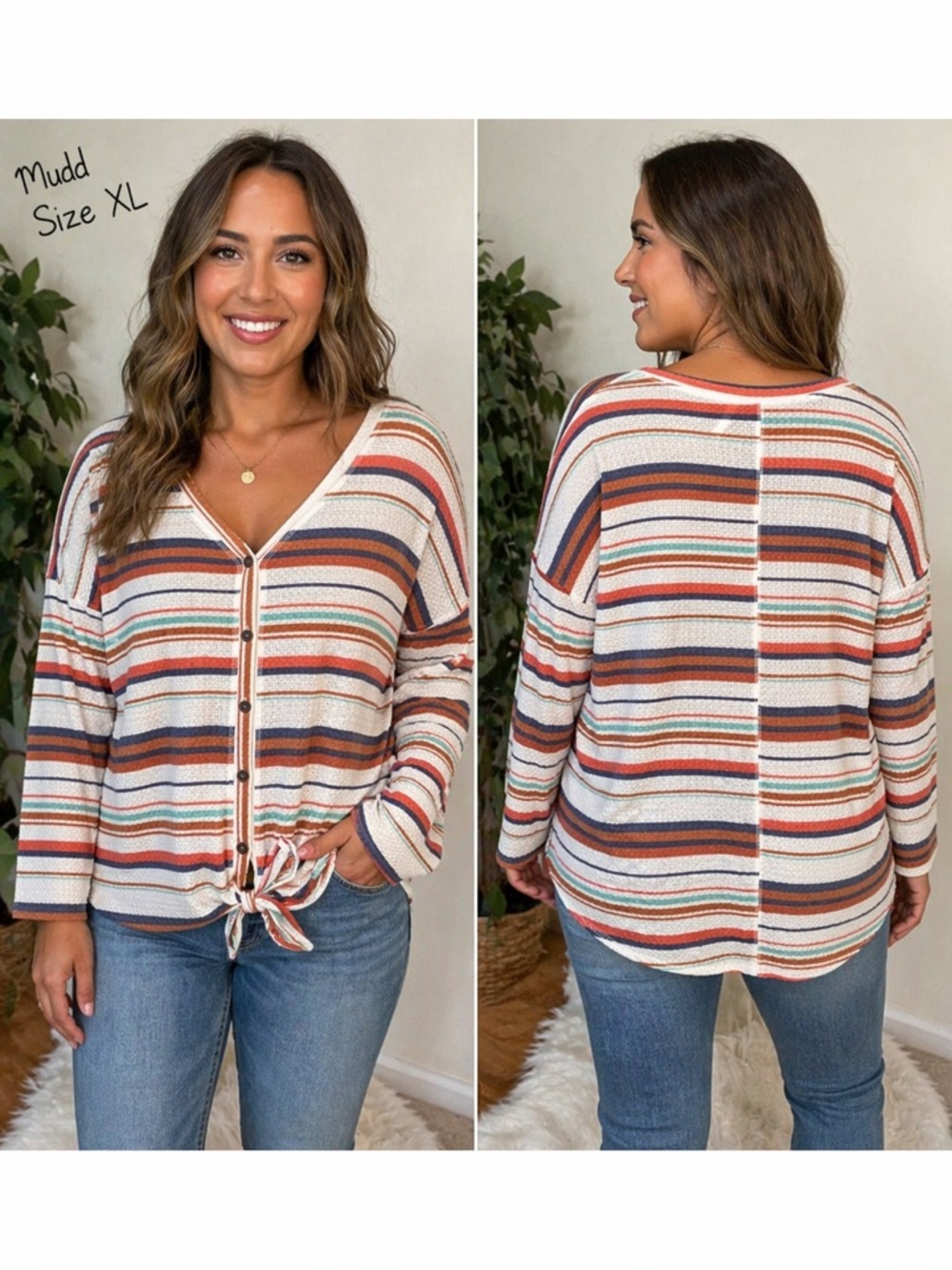Mudd Striped Thermal/waffle Button Front Top Size XL Tie Front Boho